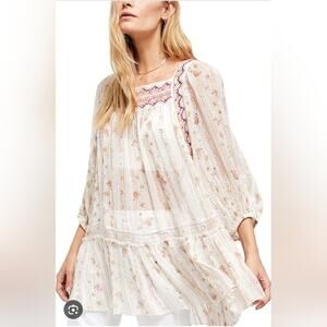 Free People Dance Magic Tunic Top Large Ivory Fairycore Festival Embroidered